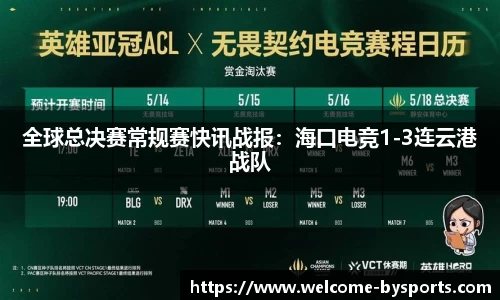 全球总决赛常规赛快讯战报：海口电竞1-3连云港战队